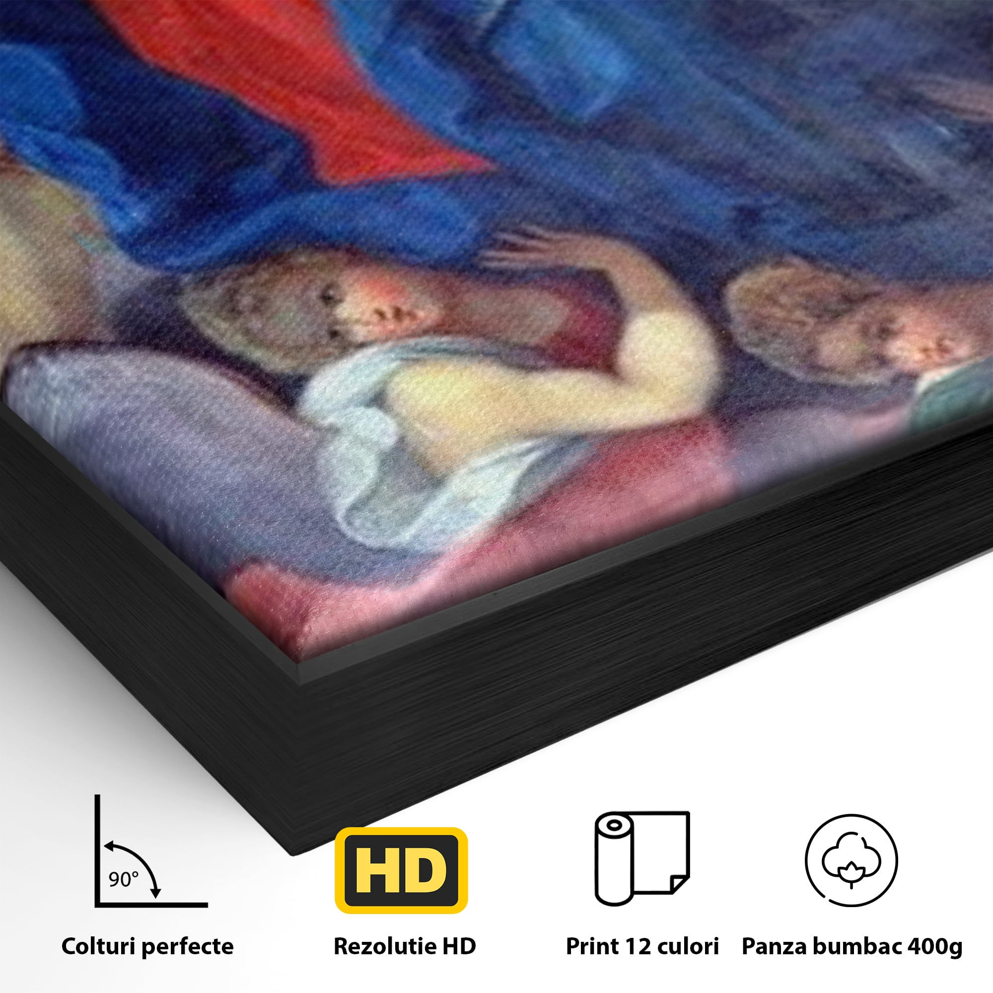Detaliu al suprafetei: tablou canvas cu fecioara si ingeri, in rama de aluminiu negru